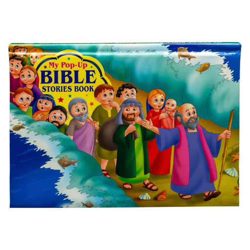 Children's book titled 'My Pop-Up Bible Stories Book' with illustrated characters on a blue wave background.