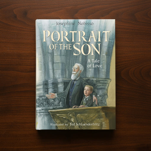 Book titled 'Portrait of the Son' on a wooden surface