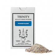 Trinity quality resin incense powder blend packaging with incense powder on a white background