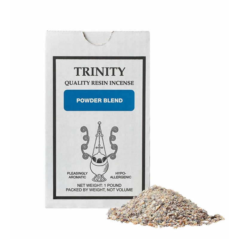 Trinity quality resin incense powder blend packaging with incense powder on a white background