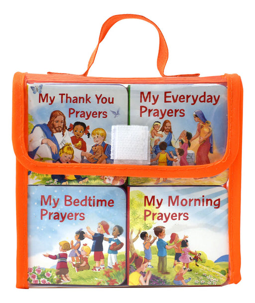 Set of children's prayer books in an orange carrying case on a white background