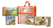 Set of children's prayer books with colorful illustrations in a clear carrying case.