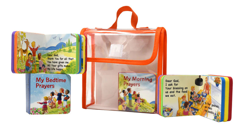 Set of children's prayer books with colorful illustrations in a clear carrying case.