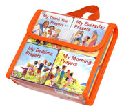 Set of children's prayer books with colorful covers on an orange carrying case.