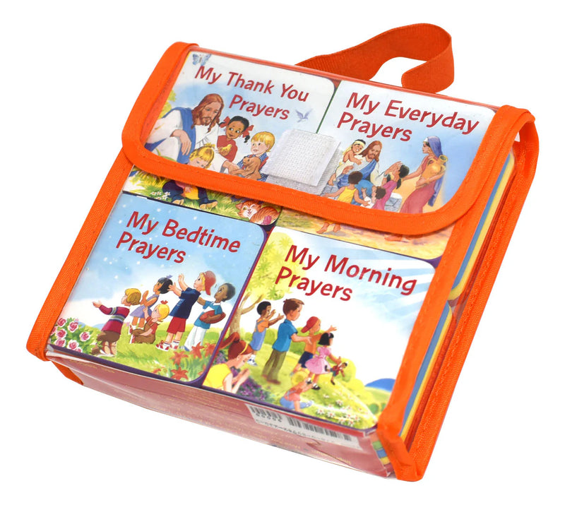 Set of children's prayer books with colorful covers on an orange carrying case.