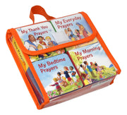 Set of children's prayer books with colorful illustrations on a white background