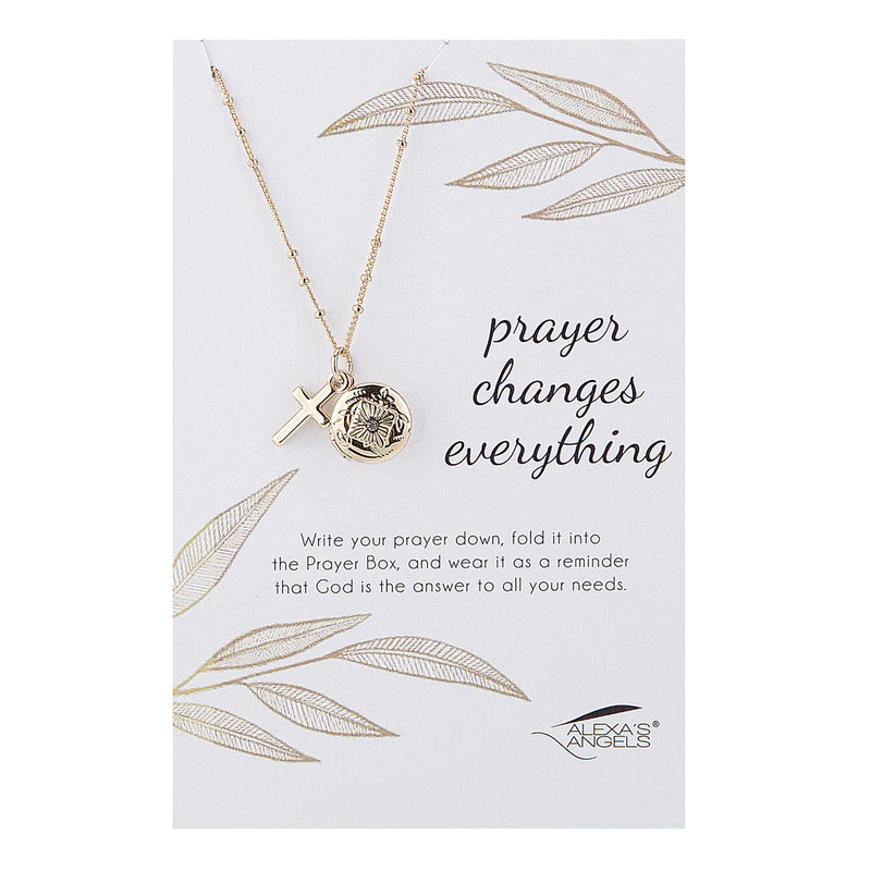Necklace with pendant on a card with 'prayer changes everything' text, featuring Texas Angels brand.