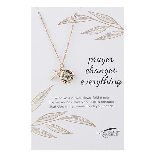 Necklace with pendant on a card with 'prayer changes everything' text, featuring Texas Angels brand.