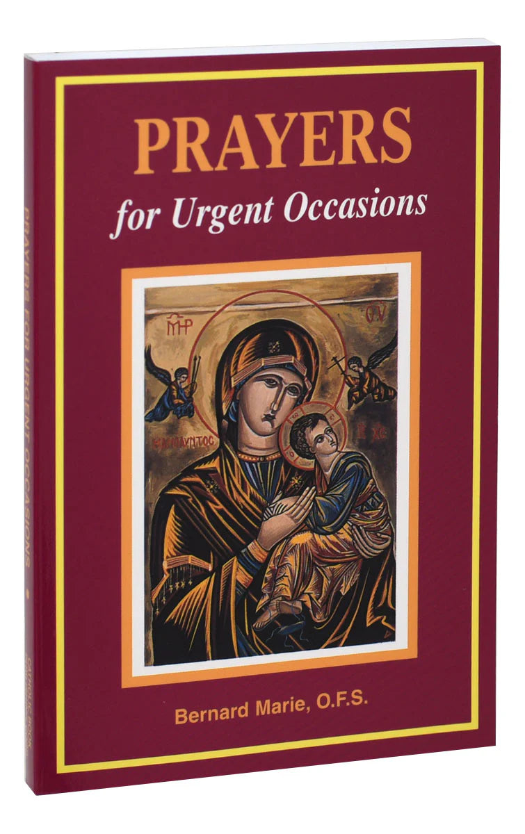 Book titled 'Prayers for Urgent Occasions' with a religious icon on the cover