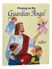 Book cover titled 'Praying to My Guardian Angel' with illustrations of Jesus and children on a yellow background.