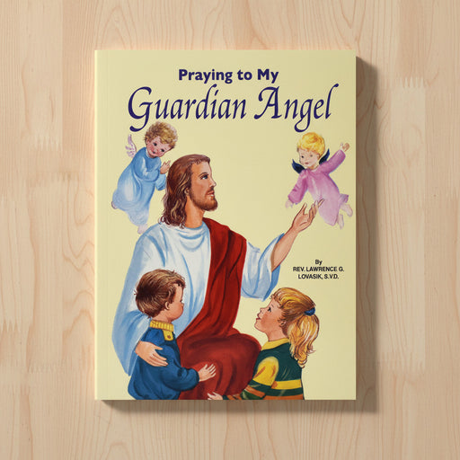 Book cover titled 'Praying to My Guardian Angel' with illustrations of Jesus and children on a yellow background.