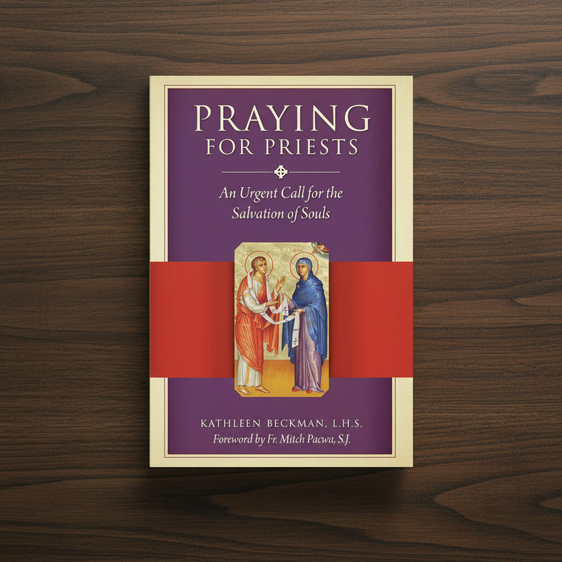 Book titled 'Praying for Priests' on a wooden surface