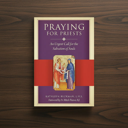 Book titled 'Praying for Priests' on a wooden surface