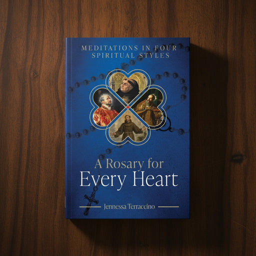 Dark blue book featuring four images of saints and the text 'A Rosary For Every Heart' on a dark wood background.