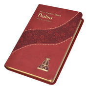 Red book titled 'Psalms' with decorative cover and gold accents on a white background