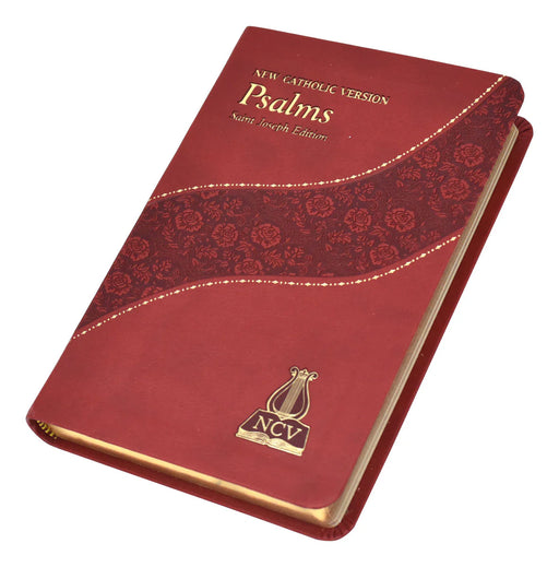 Red book titled 'Psalms' with decorative cover and gold accents on a white background