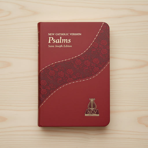 Red book titled 'Psalms' from the New Catholic Version on a wooden surface