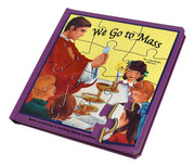 Jigsaw puzzle box titled 'We Go to Mass' with illustrations of a priest and children on a yellow background.