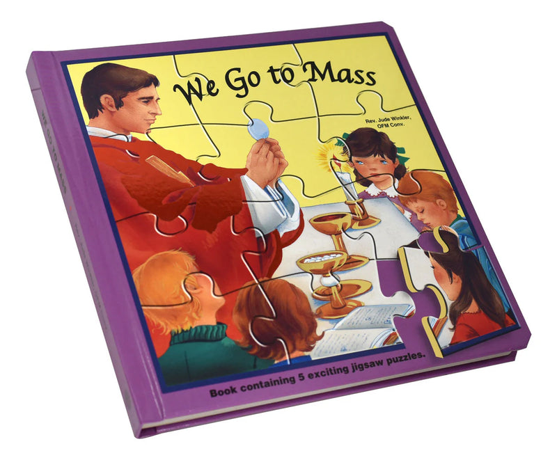Jigsaw puzzle box with a colorful illustration of children going to Mass on a white background