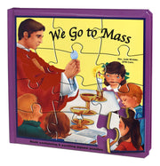 Jigsaw puzzle box titled 'We Go to Mass' with illustrations of a priest and children around a table.