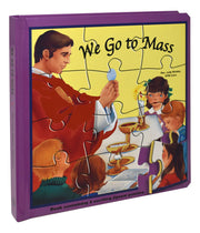 Children's puzzle book titled 'We Go to Mass' with illustrations on a yellow background.