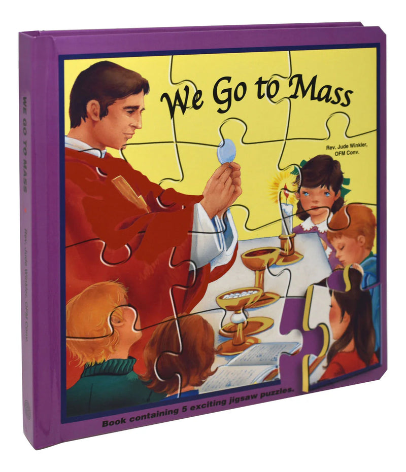 Children's puzzle book titled 'We Go to Mass' with illustrations on a yellow background.