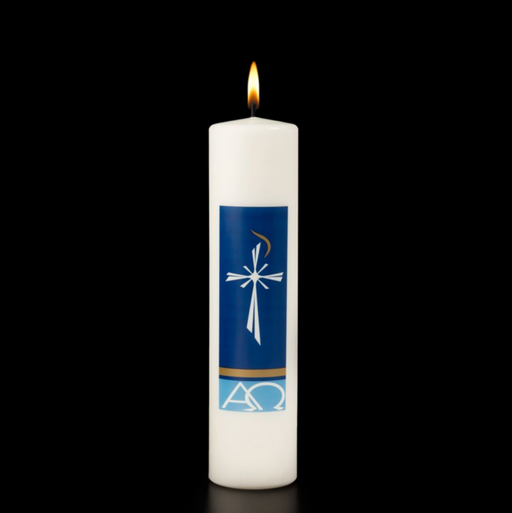White candle with a blue cross design on a black background