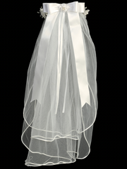 Rear view white communion veil with corded flowers, pearls, and rhinestones, featuring a satin bow at the back.