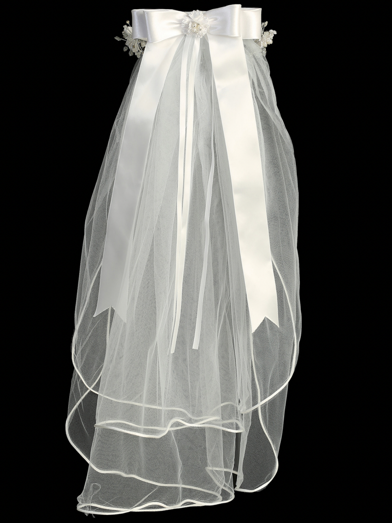Rear view white communion veil with corded flowers, pearls, and rhinestones, featuring a satin bow at the back.