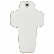 Decorative cross with a silver hook on a white background