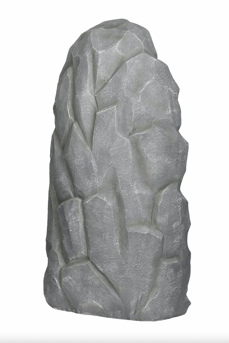 Rear view of a gray stone sculpture on a white background