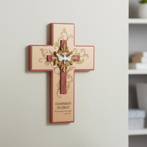 Decorative Confirmation cross wall hanging with a dove and text on a light background