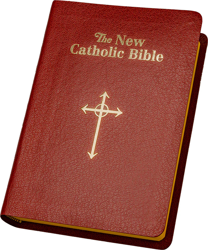 Red leather-bound New Catholic Bible with gold text and cross design on a white background