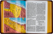Open book with a map of Israel and Jordan on one page and text on the other.