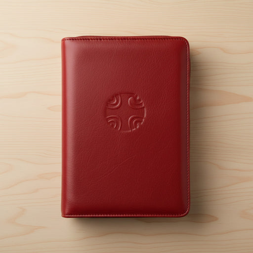 Red leather book cover with a logo on a wooden surface