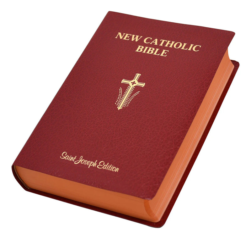 Red New Catholic Bible with cross symbol on a white background