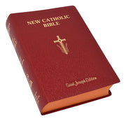 Red New Catholic Bible with cross symbol on a white background