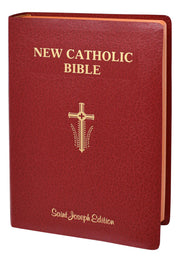 Red New Catholic Bible with cross symbol on a white background