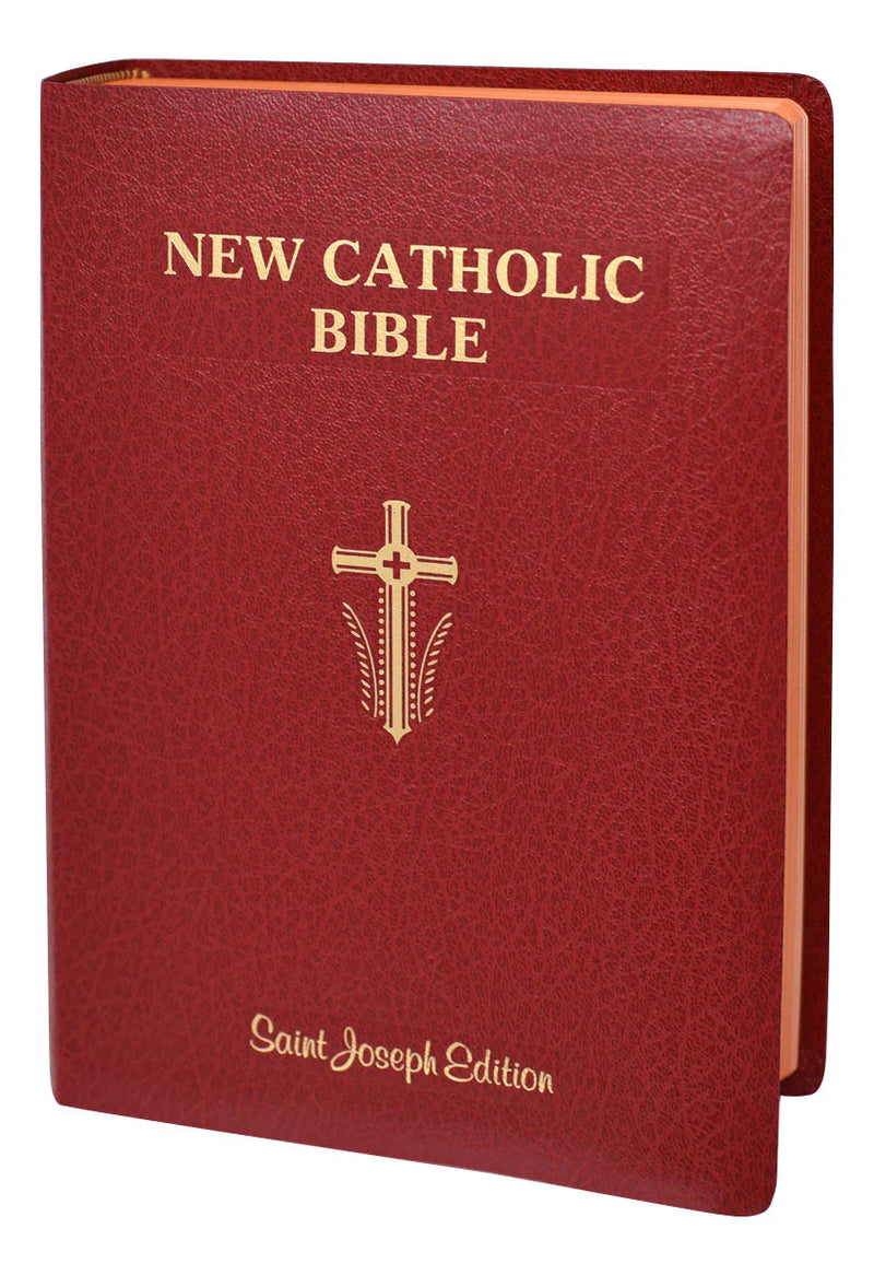 Red New Catholic Bible with cross symbol on a white background