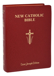 Red New Catholic Bible with cross symbol on a white background