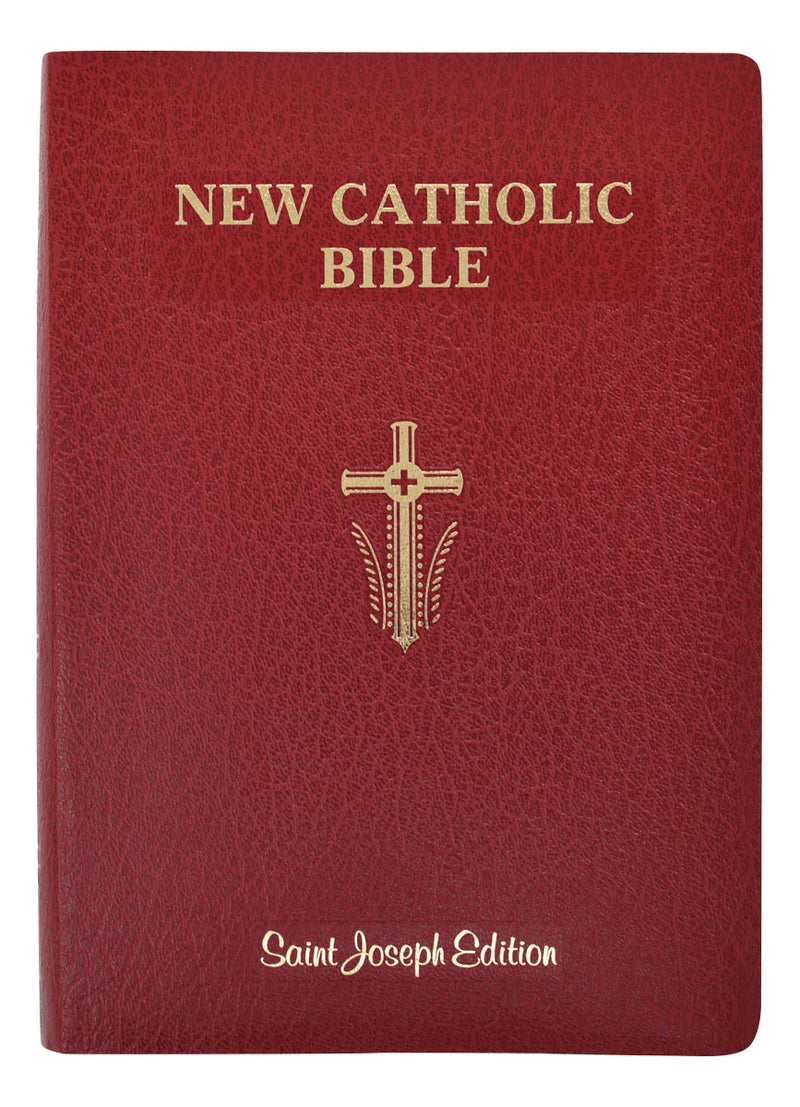 Red New Catholic Bible with cross symbol on a white background