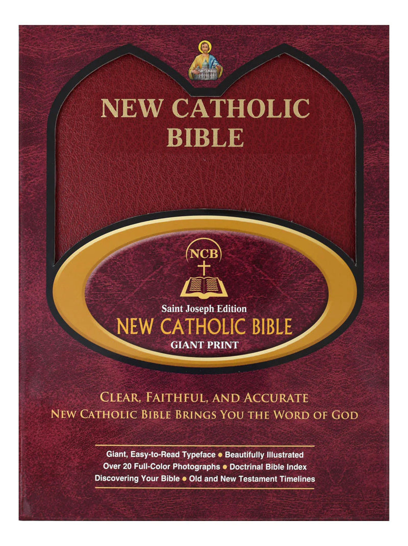 Red New Catholic Bible with cross symbol on a white background
