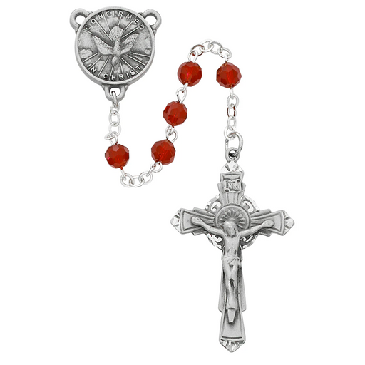 Confirmation rosary with red glass beads and Holy Spirit centerpiece on a white background.