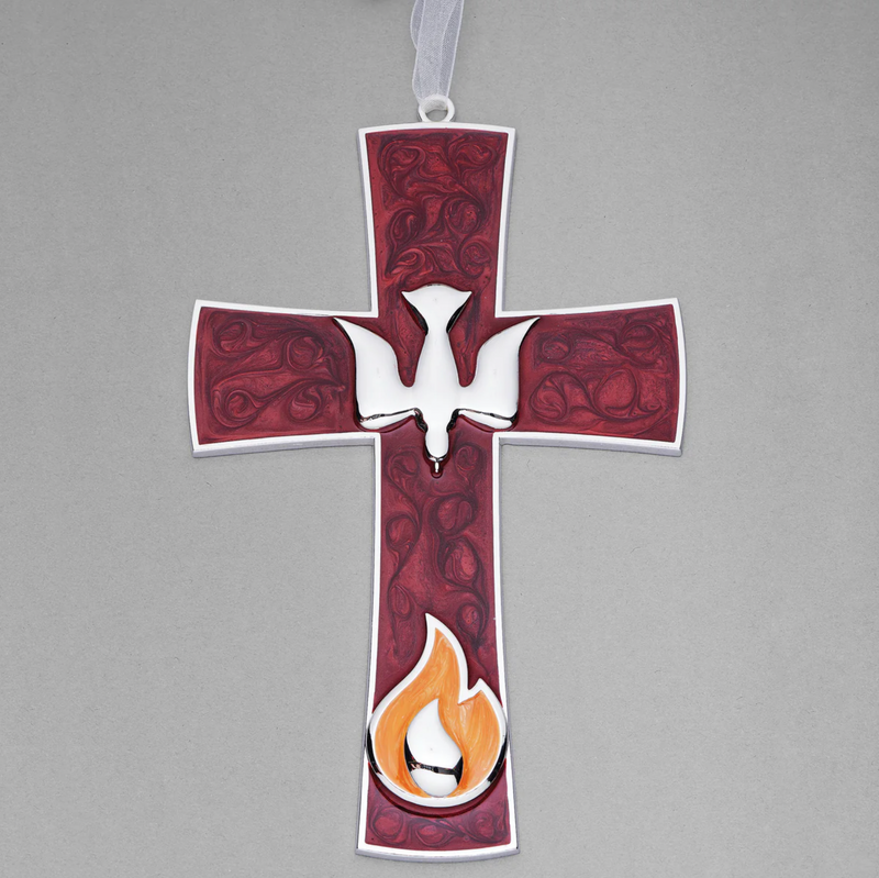 Red Confirmation gift cross with flame and dove design on a gray background