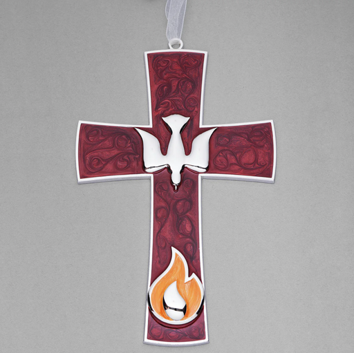 Red Confirmation gift cross with flame and dove design on a gray background