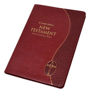 Red leather-bound New Testament with gold cross on a white background