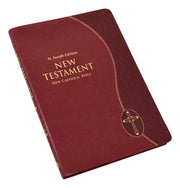 Red leather-bound New Testament Bible with gold embossed text on a white background