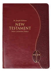 Maroon New Testament book with gold cross emblem on a white background