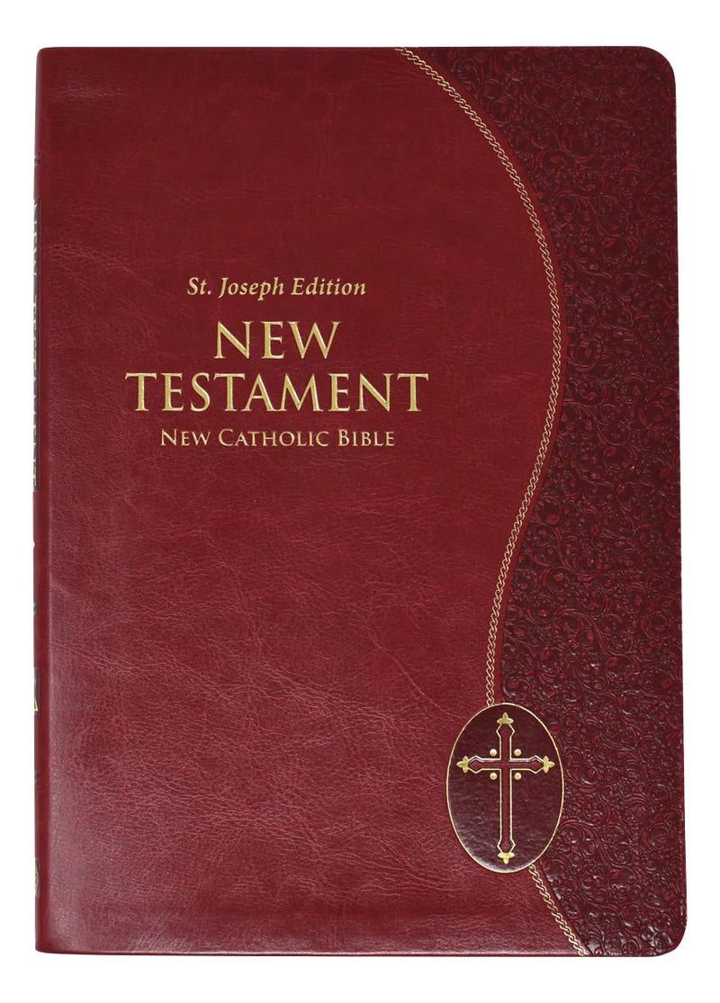 Maroon New Testament book with gold cross emblem on a white background