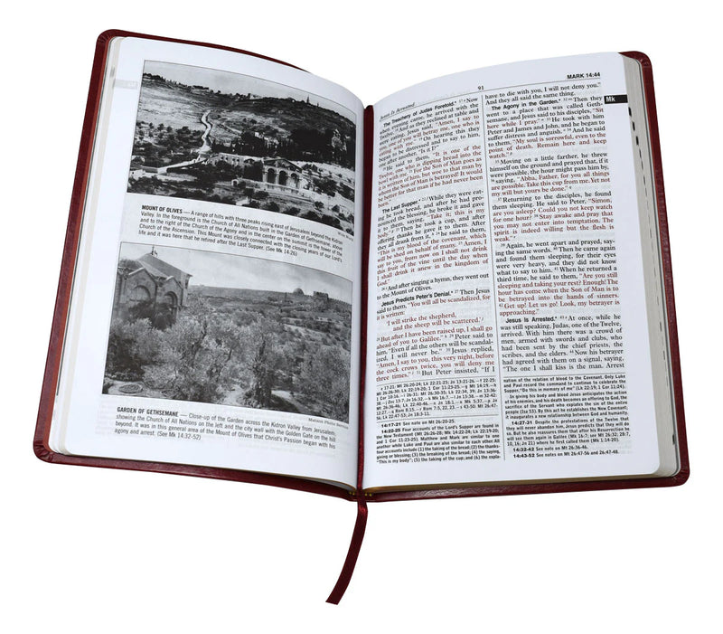 Open book with text and black and white photographs on a white background